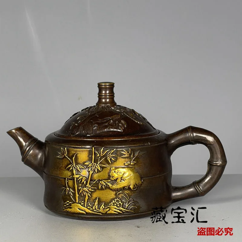 Pure copper teapot, old-fashioned copper kettle, gilt pulp, panda bamboo wine pot ornaments, all bronze imperial parts