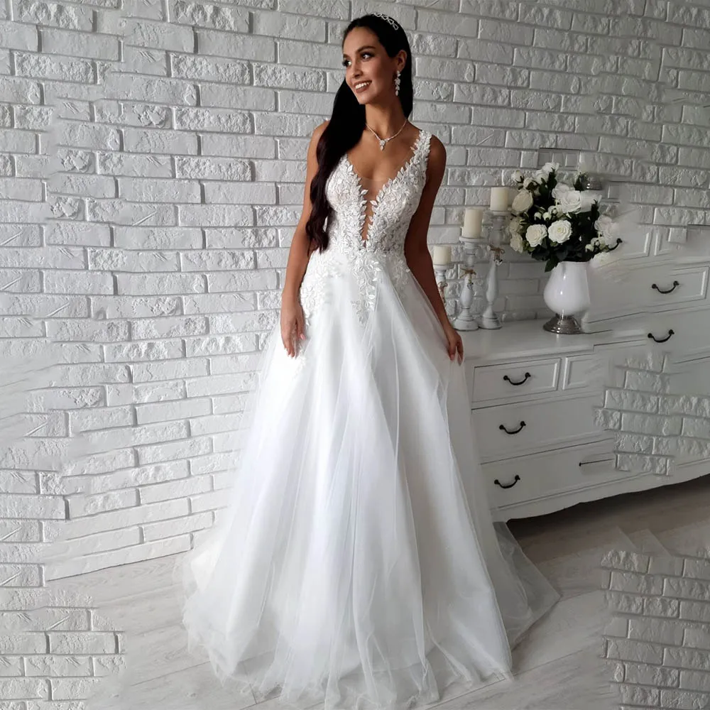 Affascinanti abiti da sposa con scollo a V in pizzo con applicazioni da sposa Grown A Line Custom Made 2026 Vestido De Noival