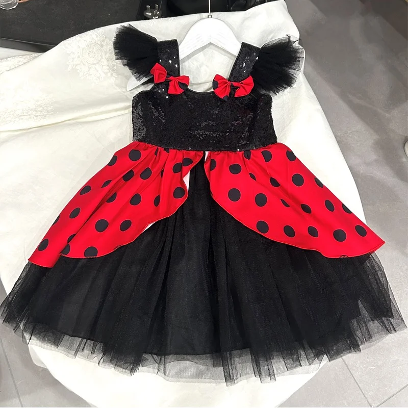 New Baby Summer Wave point Princess Dress Sequin Retro Polka Dot Dress Bow knot Tie straps girl  Carnival Birthday Clothing 2Y