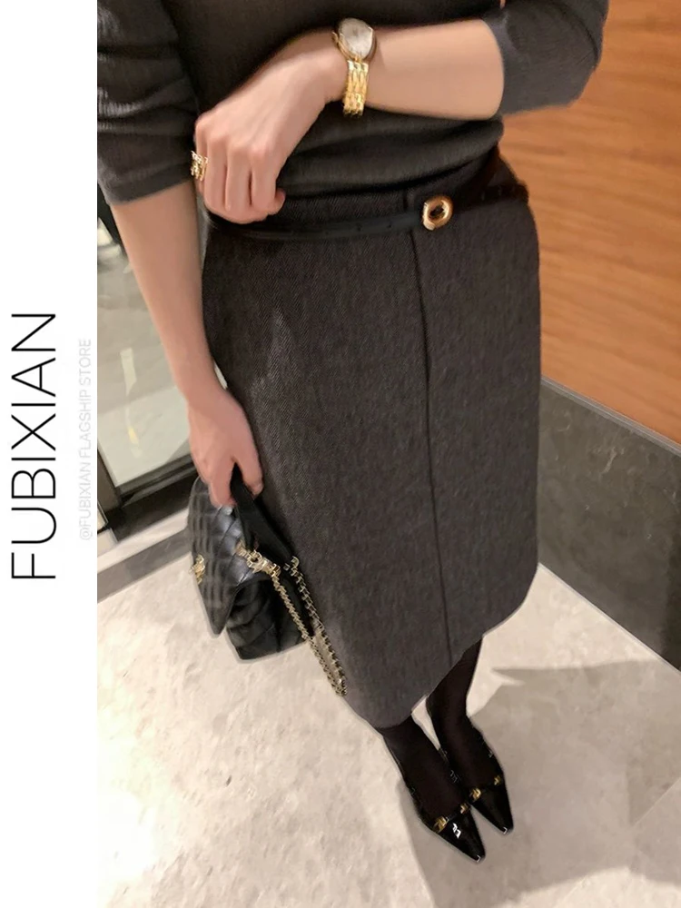 

Ele Woolen Skirt High Waist Midi Length Wrap Body Slimming Autumn Winter Faionable lectual Women's Skirt