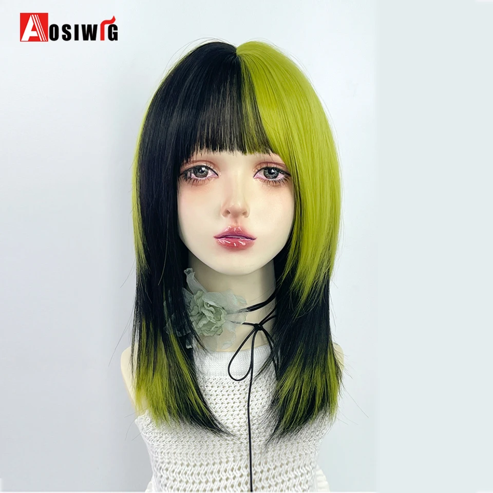 AOSI Y2K Short Straight Head Wigs Synthetic Black highlight Green Blend Lolita Cosplay Hair Wig For Women Daily Party