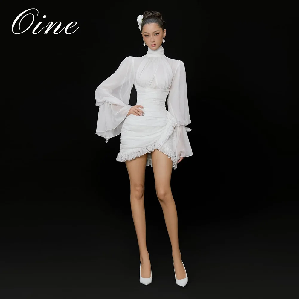 Oine Chic White Chiffon Mini Wedding Dress Long Sleeves High Neck Ruffled Hemline Transparent Design Sheath Vestidos Novias 2027