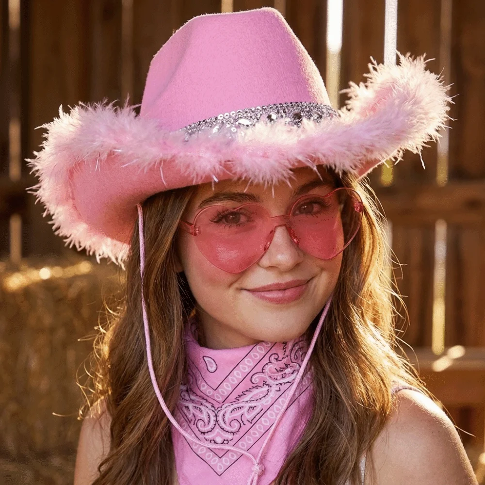 Acrylic Fibers Cowboy Hat Pink Fuzzy Edge Bandana Heart-Shaped Glasses Paisley Scarf Fluffy Trim