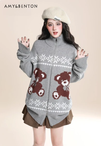 

Autumn Winter New Women's Vintage Cute Bear Embroidery Red Cardigan Sweater Coat Couple Gray Loose Casual Knitted Cardigan