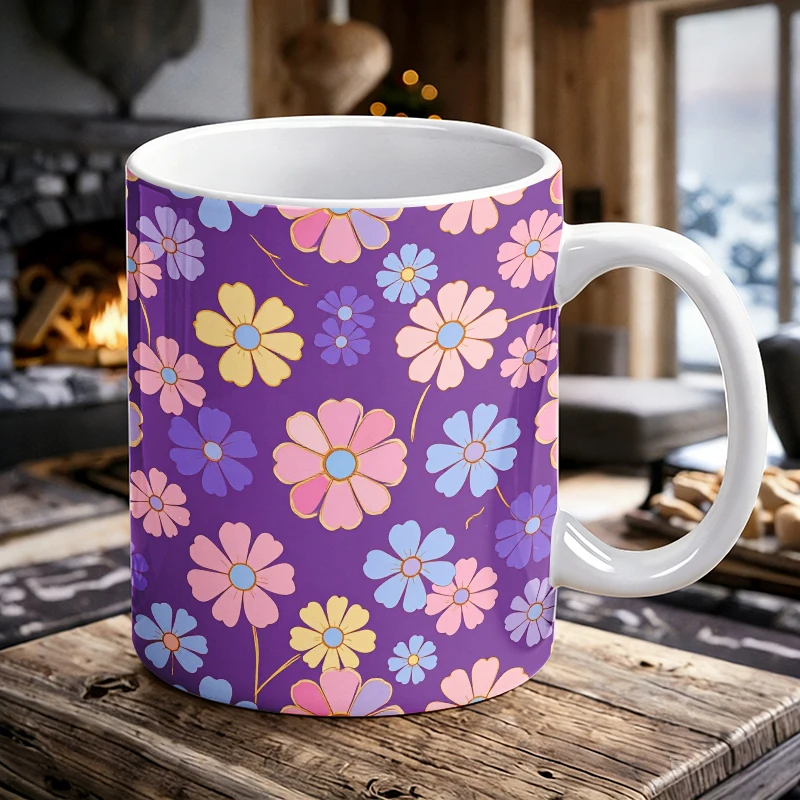 

Purple Floral Daisy Ceramic Mug with Colorful Flower Pattern, Coffee Cup, Milk Cup, Drinking Cup,Gift for Friends,Fade-Resistant