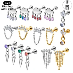 1Pcs G23 Titanium 16G Colorful Zircon Nose Stud with Chain Internal Thread Cartilage Helix Earring Labret Ring Body Piercing