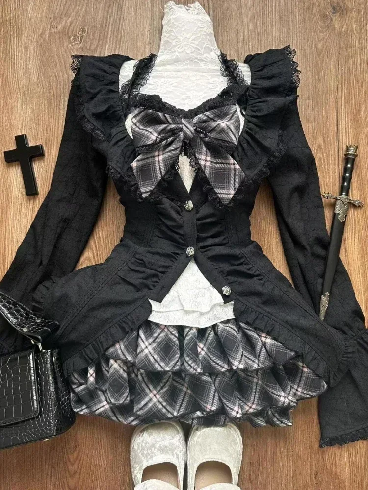 

Aesthetic Y2k Lace Skinny 3-piece Set Women Gothic Chic Slash Neck Sling Long Sleeve Cardigan + High Waist Plaid Skirt Suit New