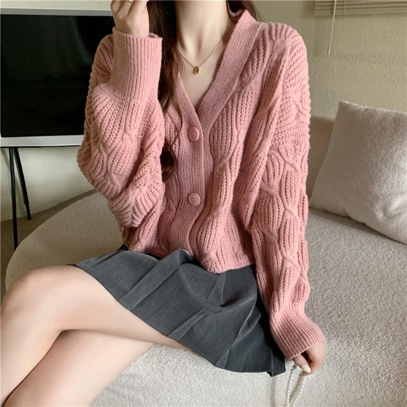 Retro Sweater Women Autumn Winter Loose Short Knit Cardigan Coat Crop Top Y2k Knitted Cropped