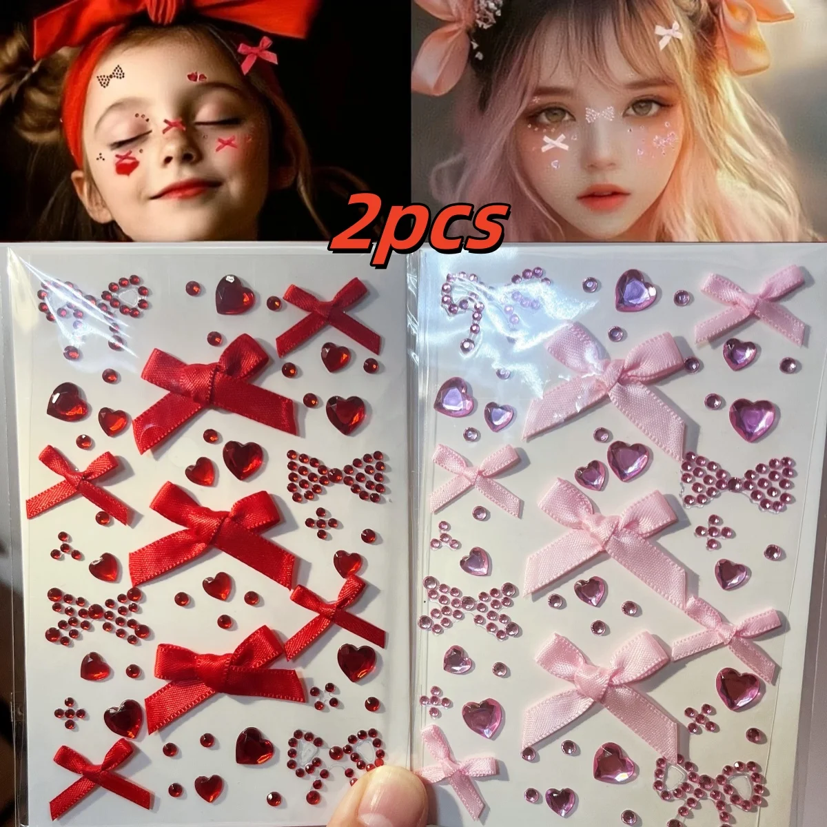2pcs 3D Pink Red Bow Diamond Stickers Sweet Love Face Sticker Makeup Decoration Performance with Backing Glue Traceless Sticker*