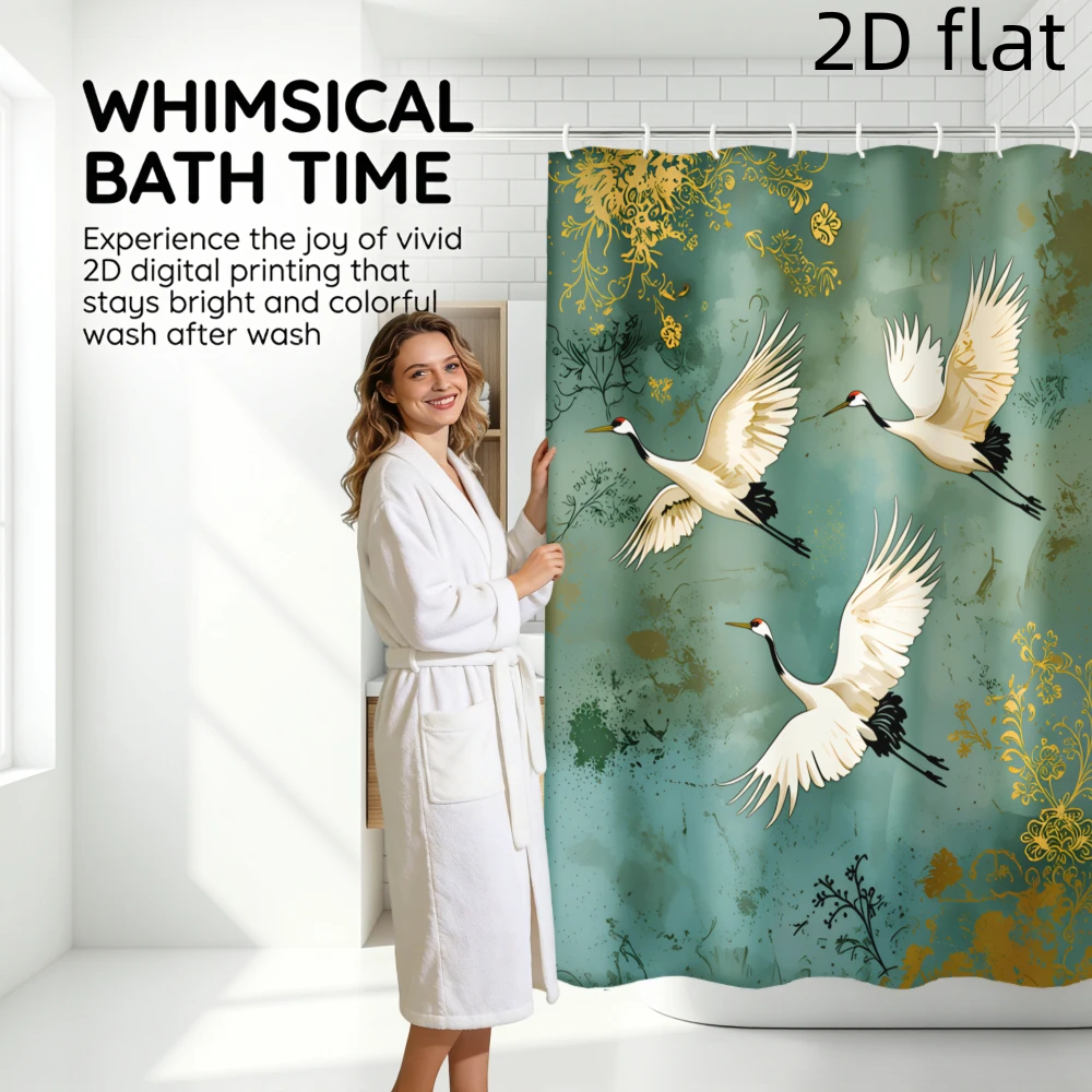 Elegant Swallows Flight Shower Curtain Tropical Botanical Print Polyester Bathroom Decor Gold Accent Nature Art Waterproof Home