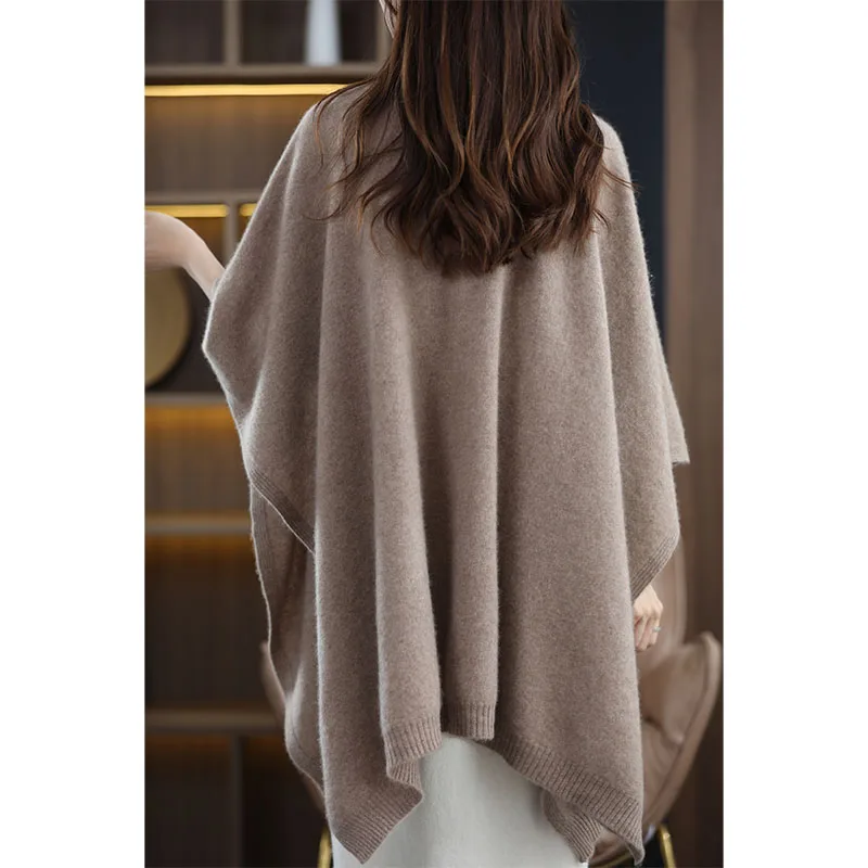 New high-end cashmere cape cape ladies oversized cardigan cape scarf oversized sweater solid color loose knitted 100% wool cape