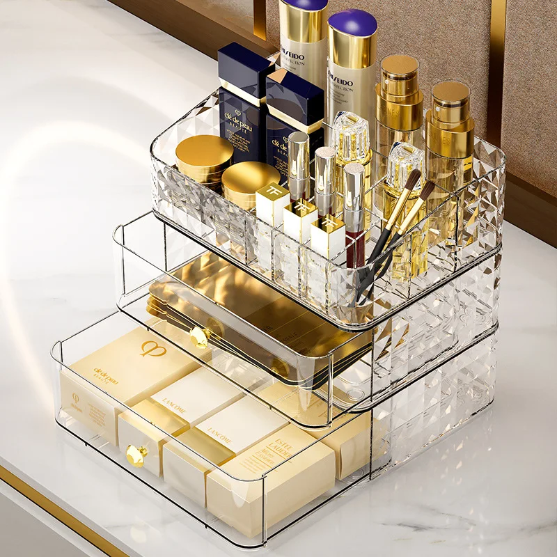 Diamond Pattern Cosmetics Storage Box High-end Sense LargeCapacity Desktop Rack Light Luxury Skin Care Products Lipstick Storage