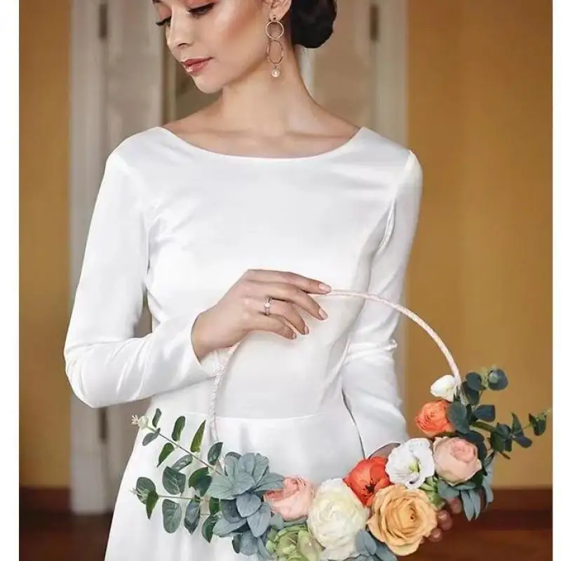 ใหม่ซาตินชุดแต่งงานรถไฟขนาดเล็กคลาสสิก O-คอชุดเจ้าสาว Elegant Simple สาย Robe De Mariee ที่กําหนดเอง