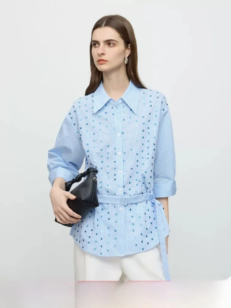 

Elegant Shiny Sequin Women's Shirt Fashionable Sleeveless Cotton Blend Summer New Arrival Van Slane Luxury Series