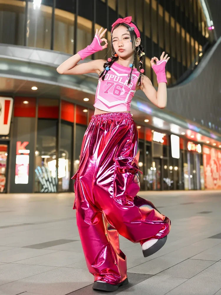 Mädchen Hip Hop Set Rosa Ärmellose Weste Glänzende PU Leder Cargo Hosen Street Dance Für Kinder Streetwear Kind Jazz Kleidung