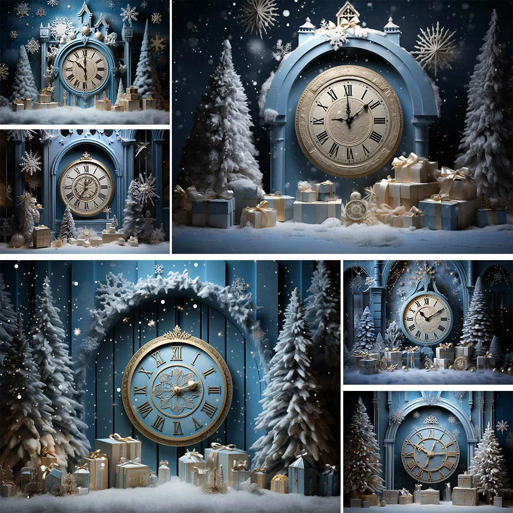 

Mocsicka Christmas Backdrop Photography Vintage Clock Dark Blue Wall Snow Winter Outdoor Photo Background for Photo Studio Props