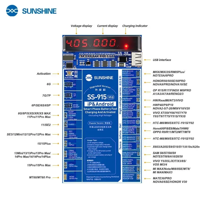 SUNSHINE-placa de carga de activación de batería, herramienta de carga rápida activada por V9.0, IP, Android, SS-915, 6G-15ProMax, Huawei VOVI