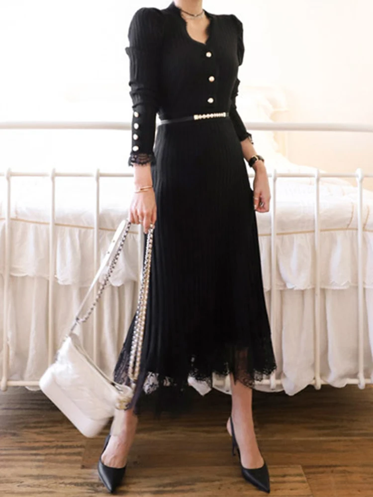 

new arrival fashion korean knitting set for women spring autumn elegant temperament office lady simple black two piece skirt set