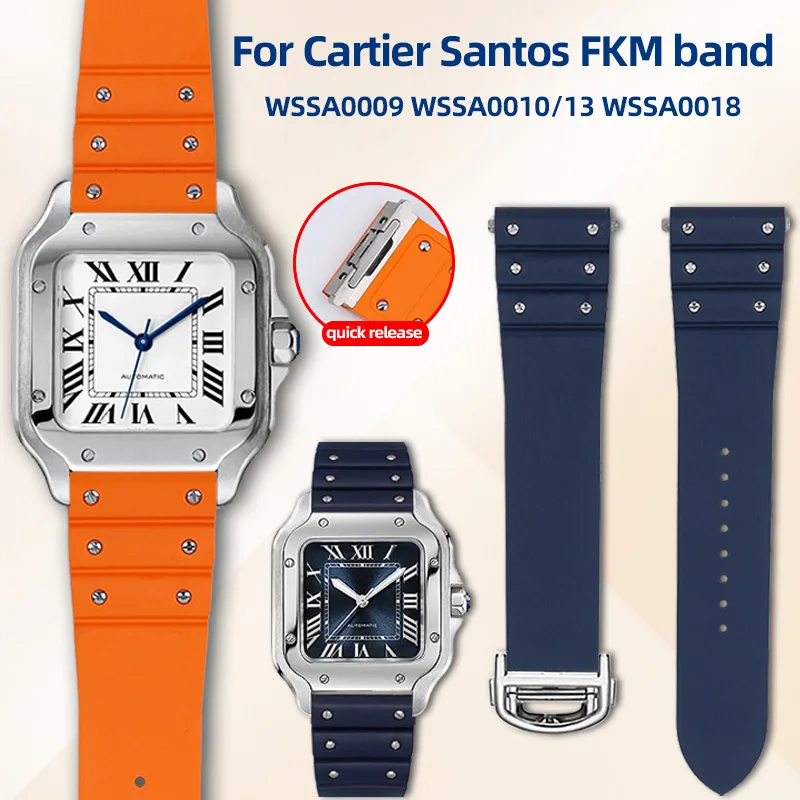 19mm 21mm For Cartier Santos WSSA0009 Premium SANTOS Fluororubber Strap Quick Release FKM Watchband Folding Clasp Waterproof Men