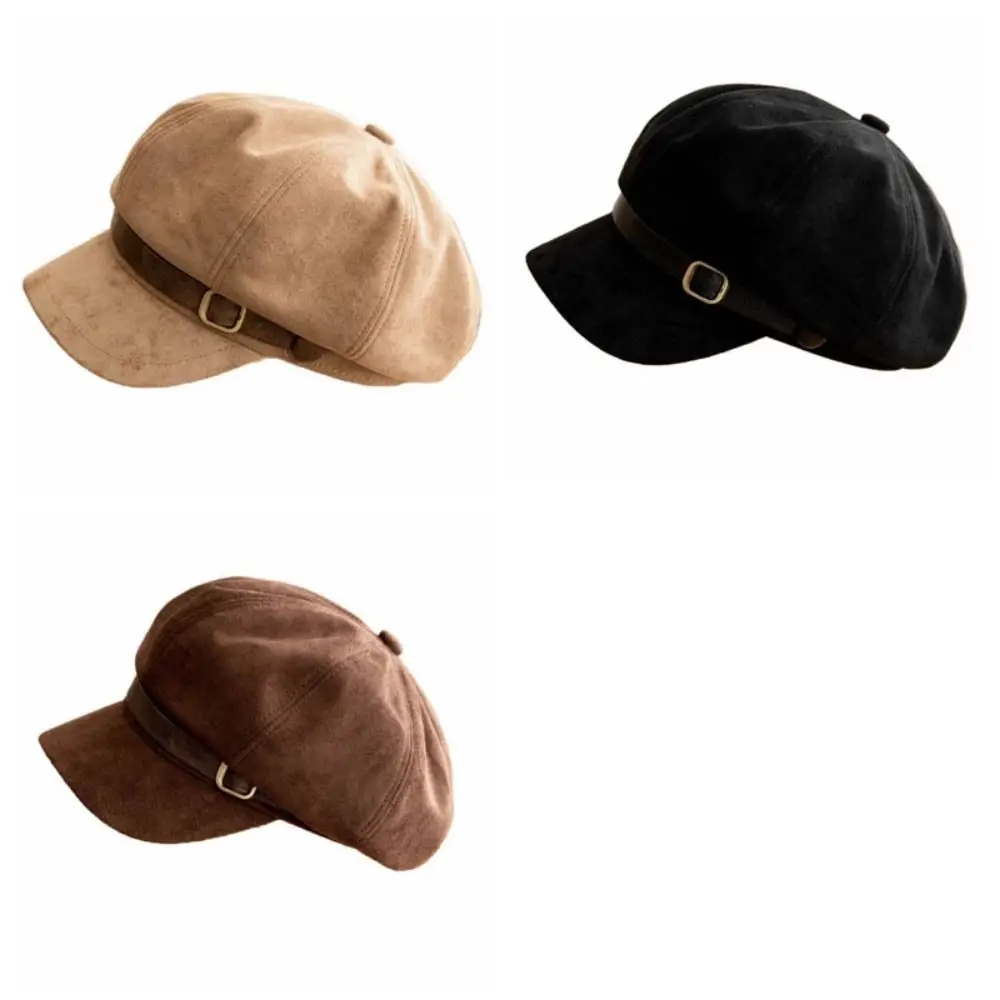 Versatile Warm Suede Berets Windproof Flat Top Newsboy Hat Melard Style Solid Color Women Octagonal Hat Autumn Winter