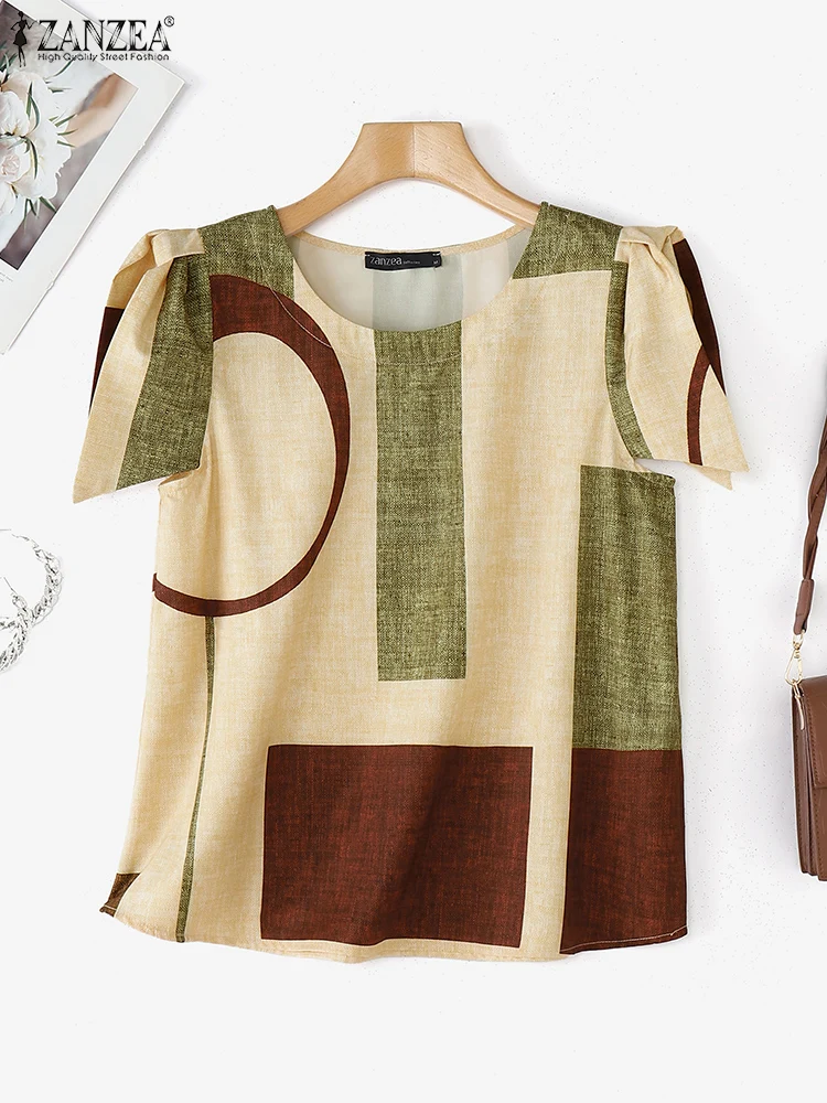 

ZANZEA, модные блузки с принтом, женские винтажные рубашки с геометрическим узором, лето 2021, повседневные свободные топы, туника, корейские футболки с короткими рукавами