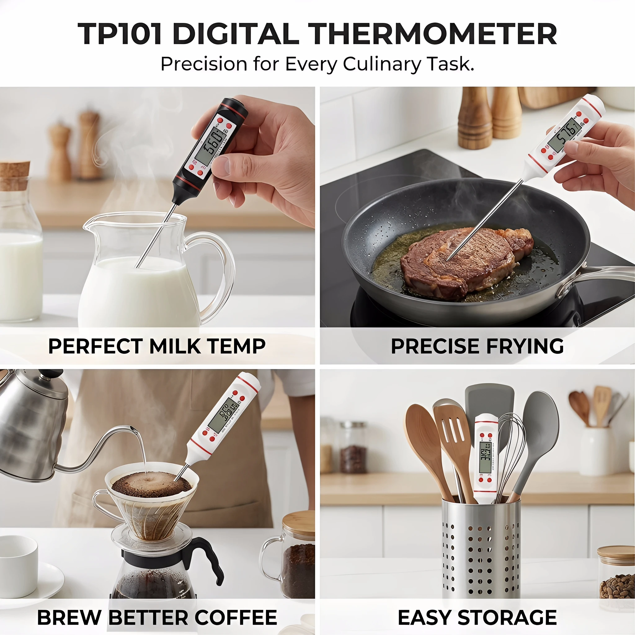 TP101 Siyah Dijital Gıda Termometresi LCD Ekranlı Anında Ölçüm Mutfak Barbekü Et Yağı Probu