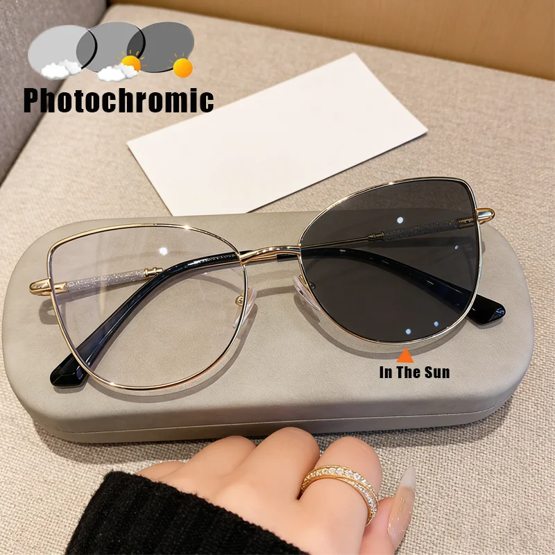 

Luxury Brand Designer Photochromic Plain Glasses Popular Metal Cat-Eye UV-Protective Ladies' Stylish Non-Prescription Eyewear