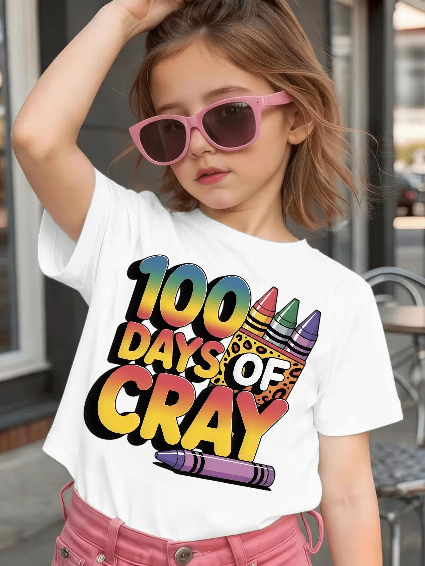 Cute 100 Days Of Cray Crayon Graphic Kids Tee Boys Girls Family Matching Cotton Crew Neck Short Sleeve Soft Casual Summer Tee