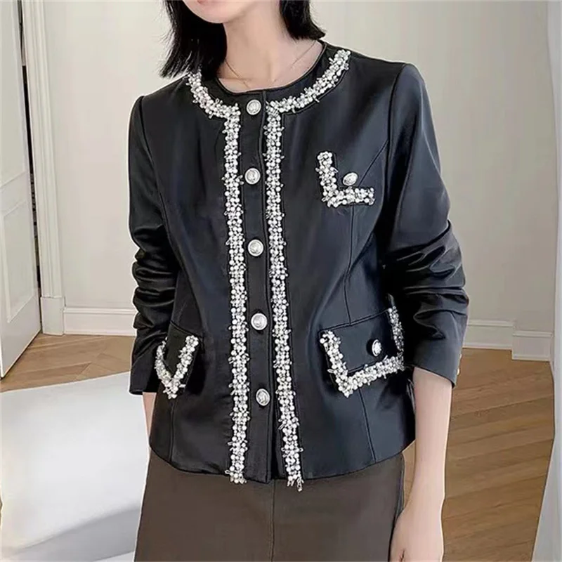 Genuine leather jacket for autumn and winter , new small fragrant style, niche design, nail bead decoration, sheep skin top