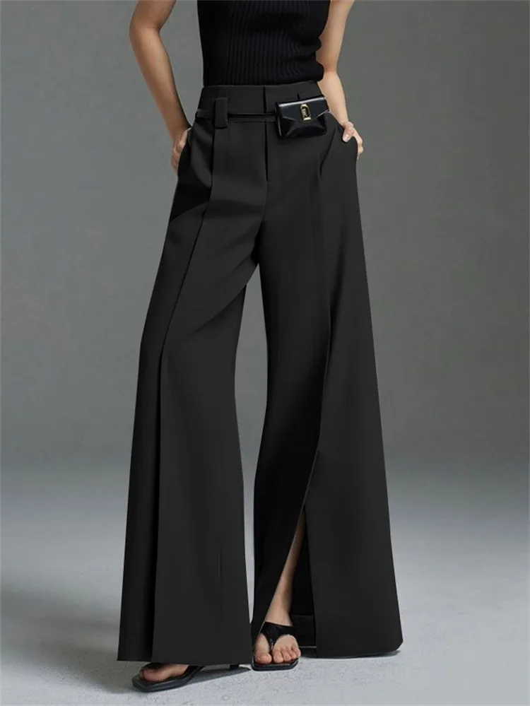 Yeezzi Urban Female Suit Pants 2024 New Fashion Black White Color Loose Straight Pant High-Waisted Pleated Split-Front Trousers