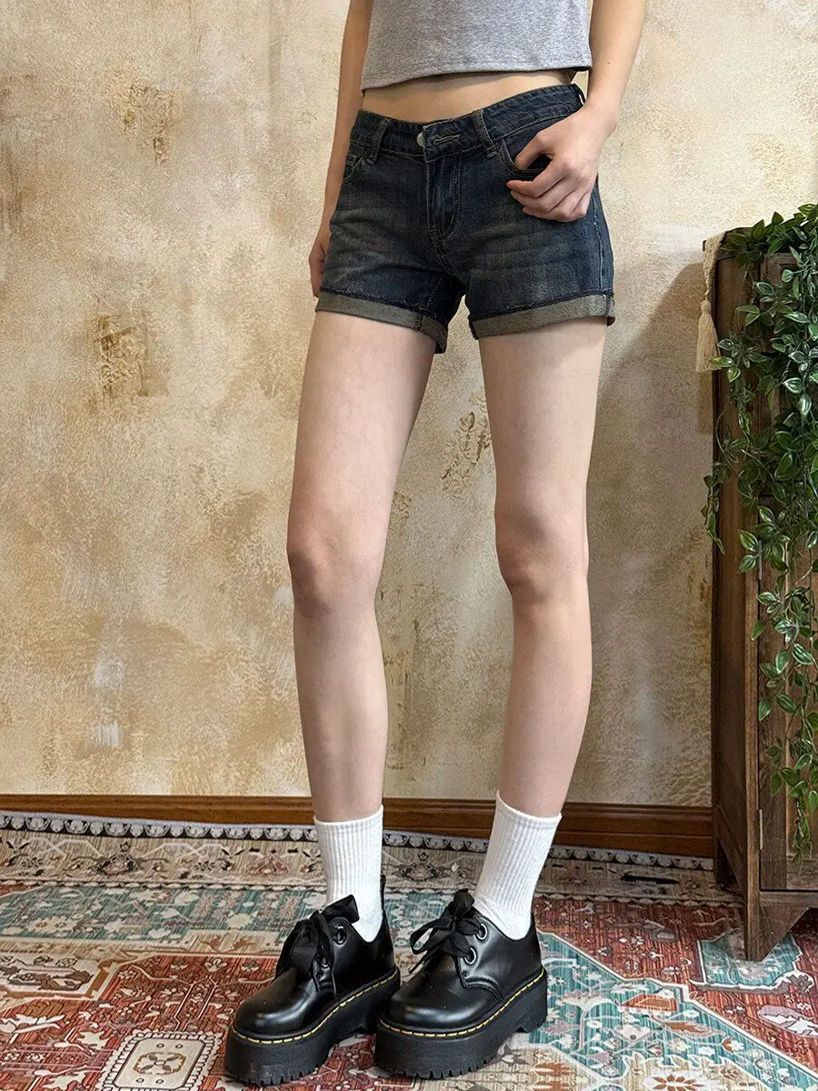 Retro Blue Cuffed A-Line High Waist Denim Shorts Women's Summer Thin New Style Spicy Loose Wide Leg Hot Pants