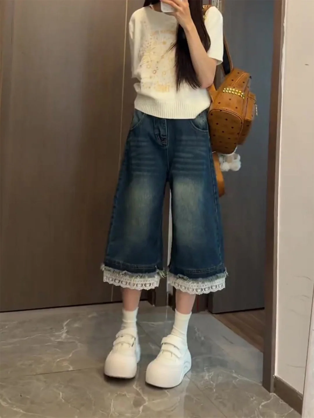 

High Waist Wide Leg Lace Patchwork Slim Fit Jeans Women's Summer New Style Loose Fit Denim Pants Retro Style Big Size