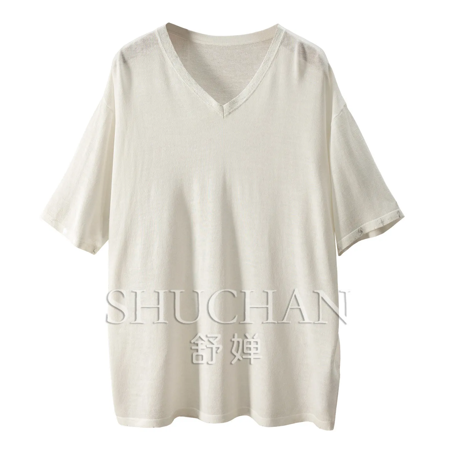 Delicate sprinkle silver, law design sense acetate linen lyocellV neck short sleeve T-shirt women 58W6