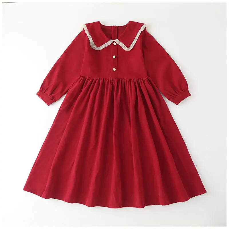 2024 autumn winter Europe western Kids Baby girl clothes red long sleeve party Dresses teenager Corduroy 4 5 6 8 9 10 11 12 year