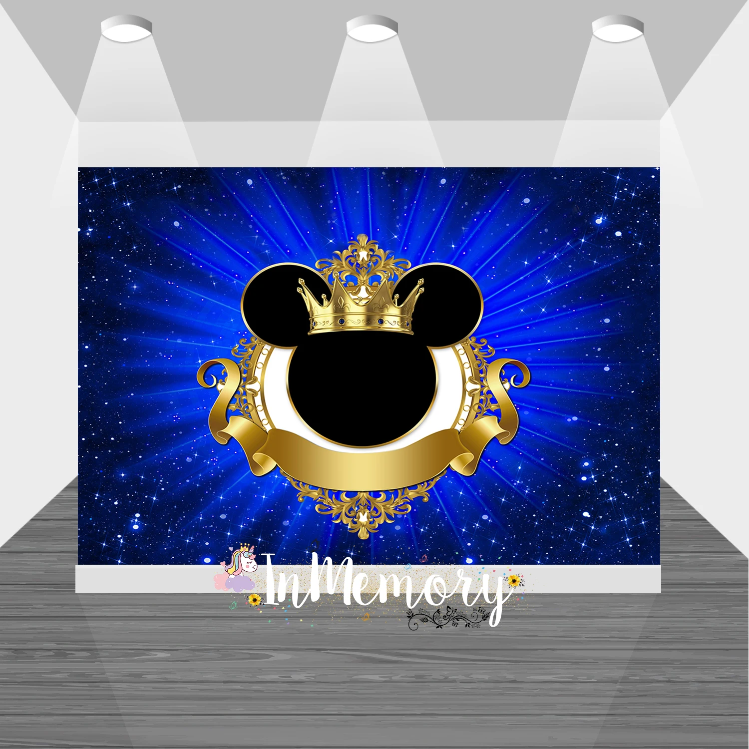 Royal Blue Prince Photography Backdrops Gold Crown Baby Shower Mickey Mouse Photo Background for Photo Studio