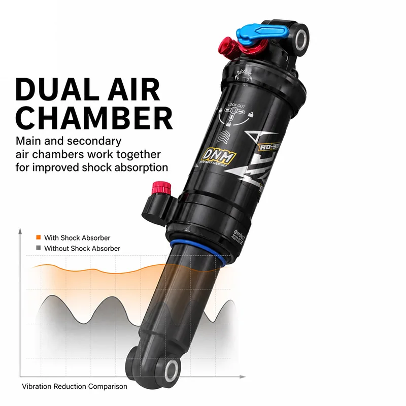 MTB Rear Shock Absorber Air Suspension 165/190/200mm Damping Adjustment 3-Stage Locking Double Chamber for Winter Cycling