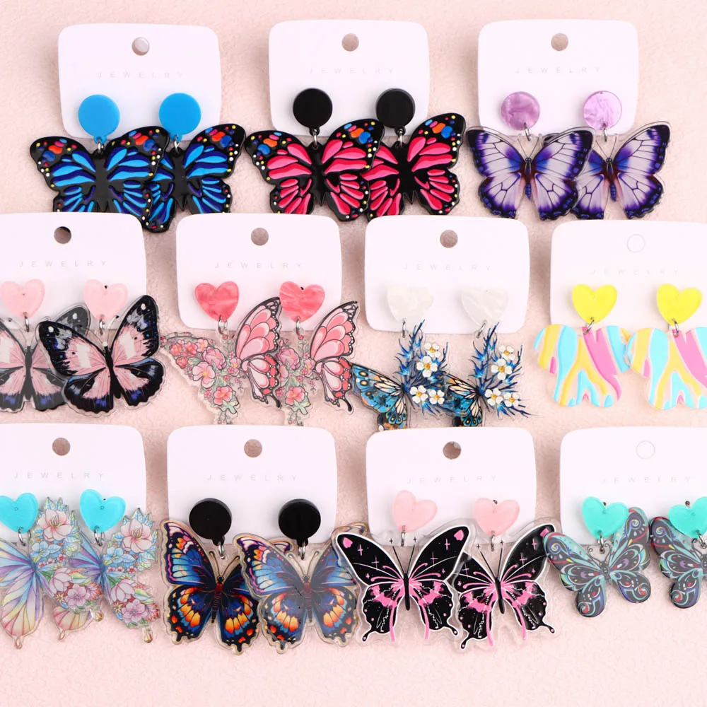 10/12Pairs Fashion Colorful Acrylic Butterfly Dangle Earrings For Women Vintage Floral Printed Mixed Sweet Daily Party Gifts
