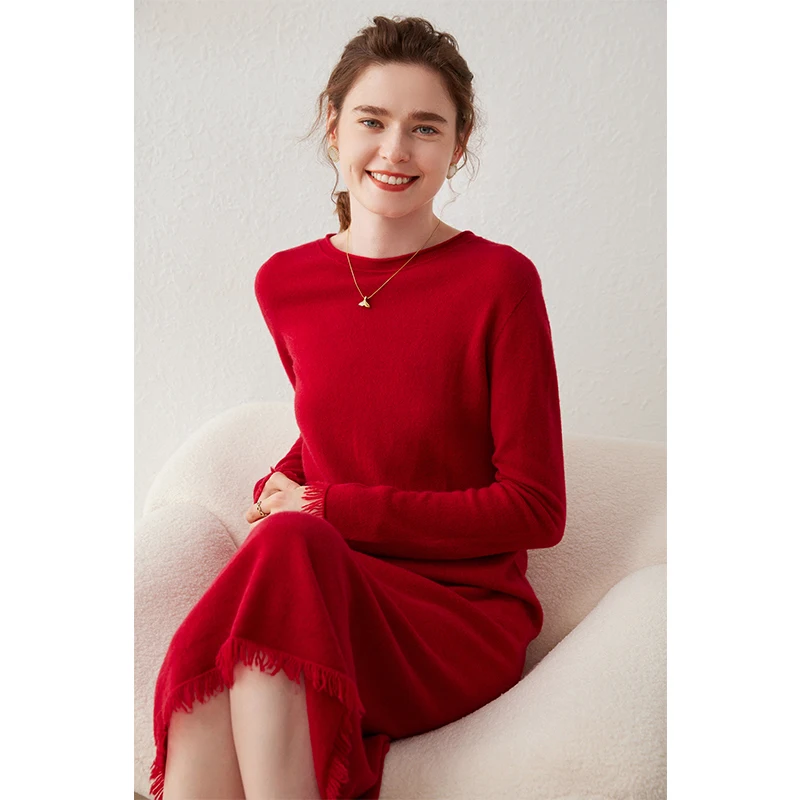 Spring Autumn Women Dress Longer Dress Cashmere Knitted Jumpers 2024 New Fashion Soft O-Neck Winter Knit Female Mid-calf Pullove