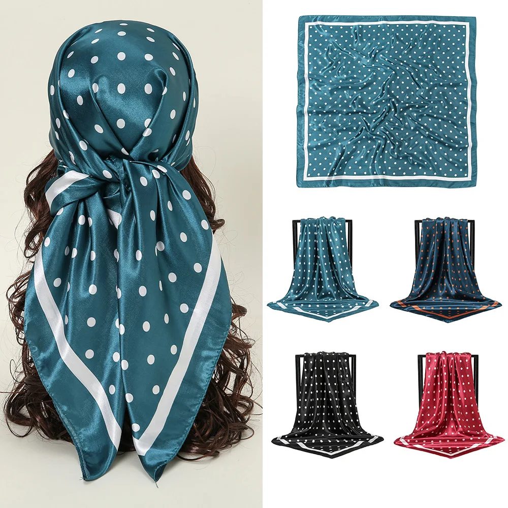 90CM Fashion Fresh Polka Dot Square Scarf Women Satin Printed Neck Silk Scarf Multifunctional Shawl Headbands