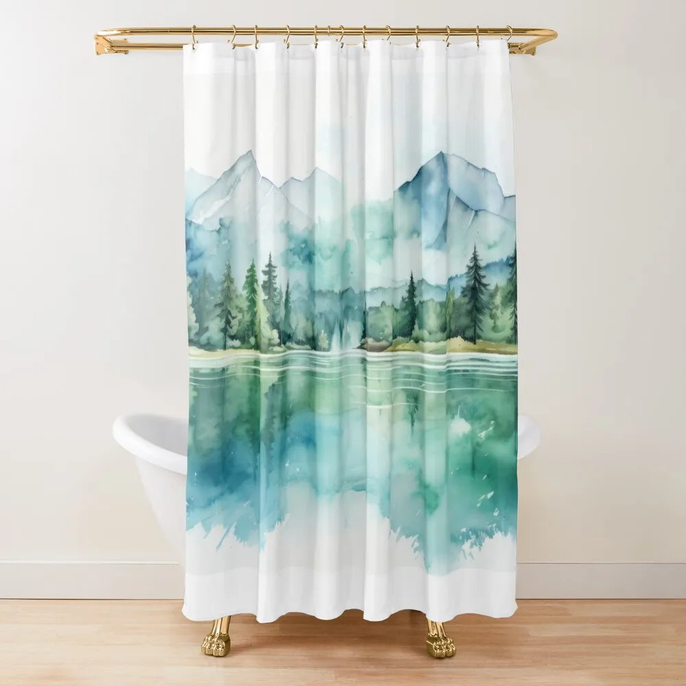 

Green Mountain Landscape Nature Watercolor Painting Shower Curtain Waterproof Fabric Bathroom Bathroom Showers Curtain