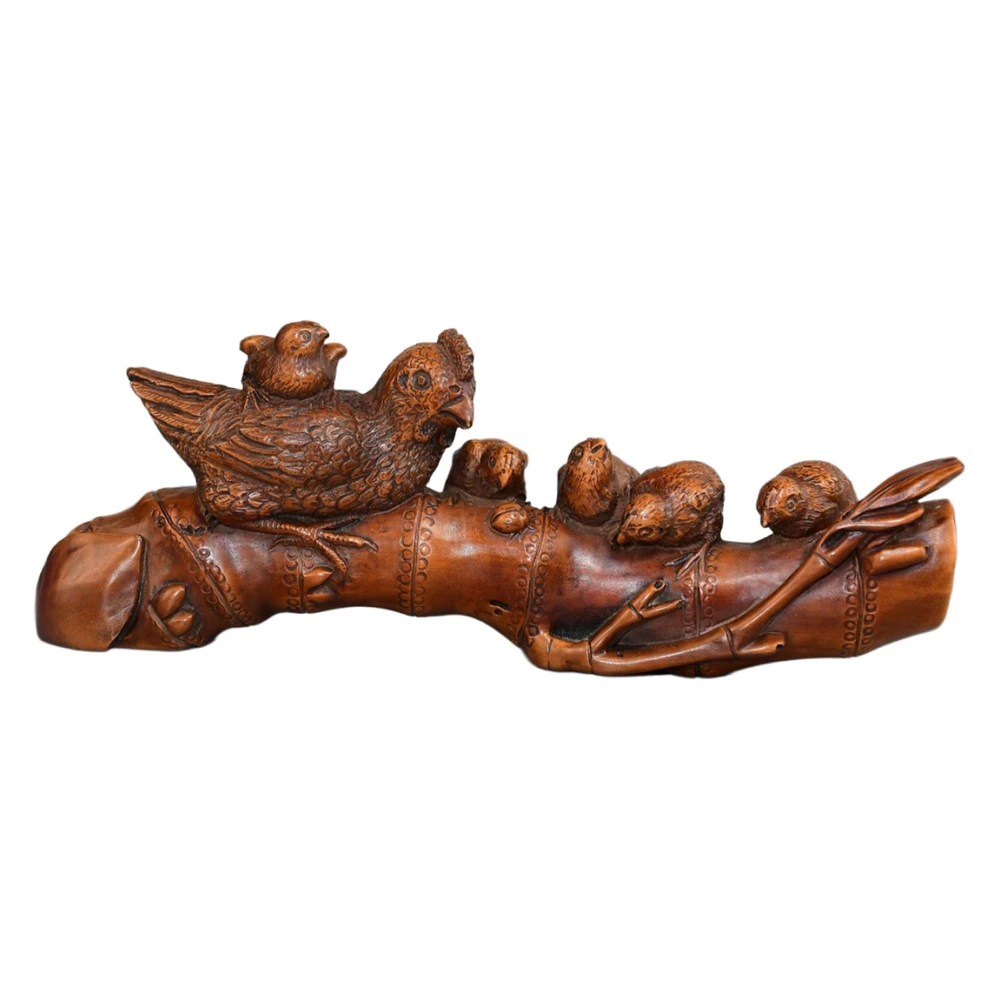 Vintage buis sculpture poule poussins Figurine sculpté en bois bambou famille harmonie unité Kinship fertilité nourrir joie