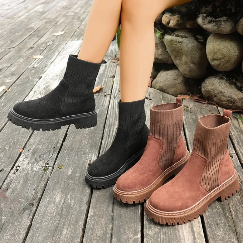 

2026 Autumn Winter Fashion Women Chelsea Boots Female PU Leather High Heels Boots Platform Shoes Ladies Knitted Sexy Ankle Boots