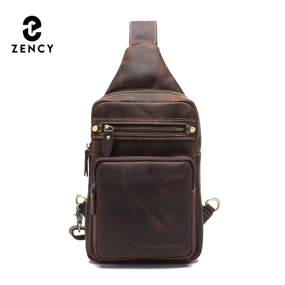 Zency Men Genuine Leather Chest Bag Shoulder Anti-theft Multi-functional Crazy Horse Leather Cross-body Bags Cycling Bags