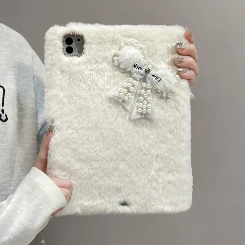 Plush Furry Bow Pearl Decor Tablet Case for Huawei MatePad Pro 12.6 2021/2022 Pro 13.2 2023/2025in Shockproof Cover