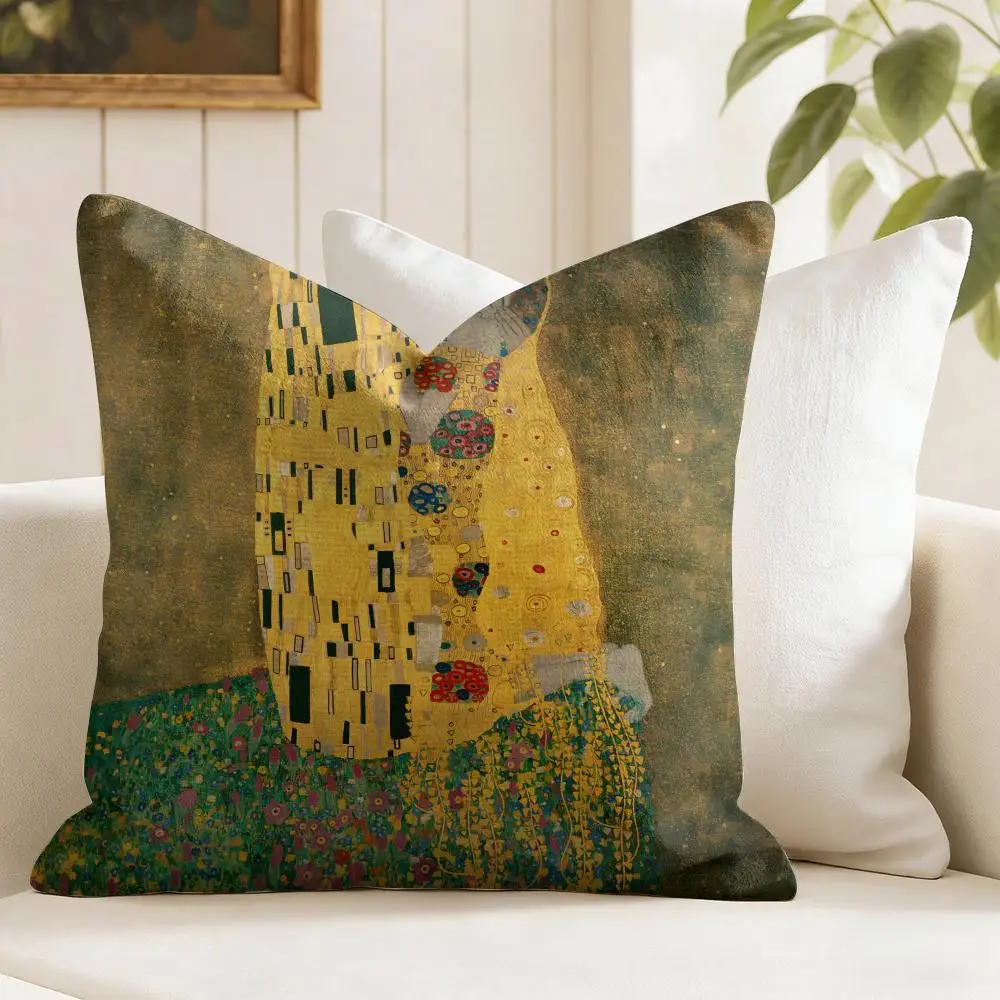 G-Gustav K-Klimt Oil Painting Cushion Cover Eco Linen Pillow Case Double-Sided Print Breathable Durable Zipper Home Decor Gift