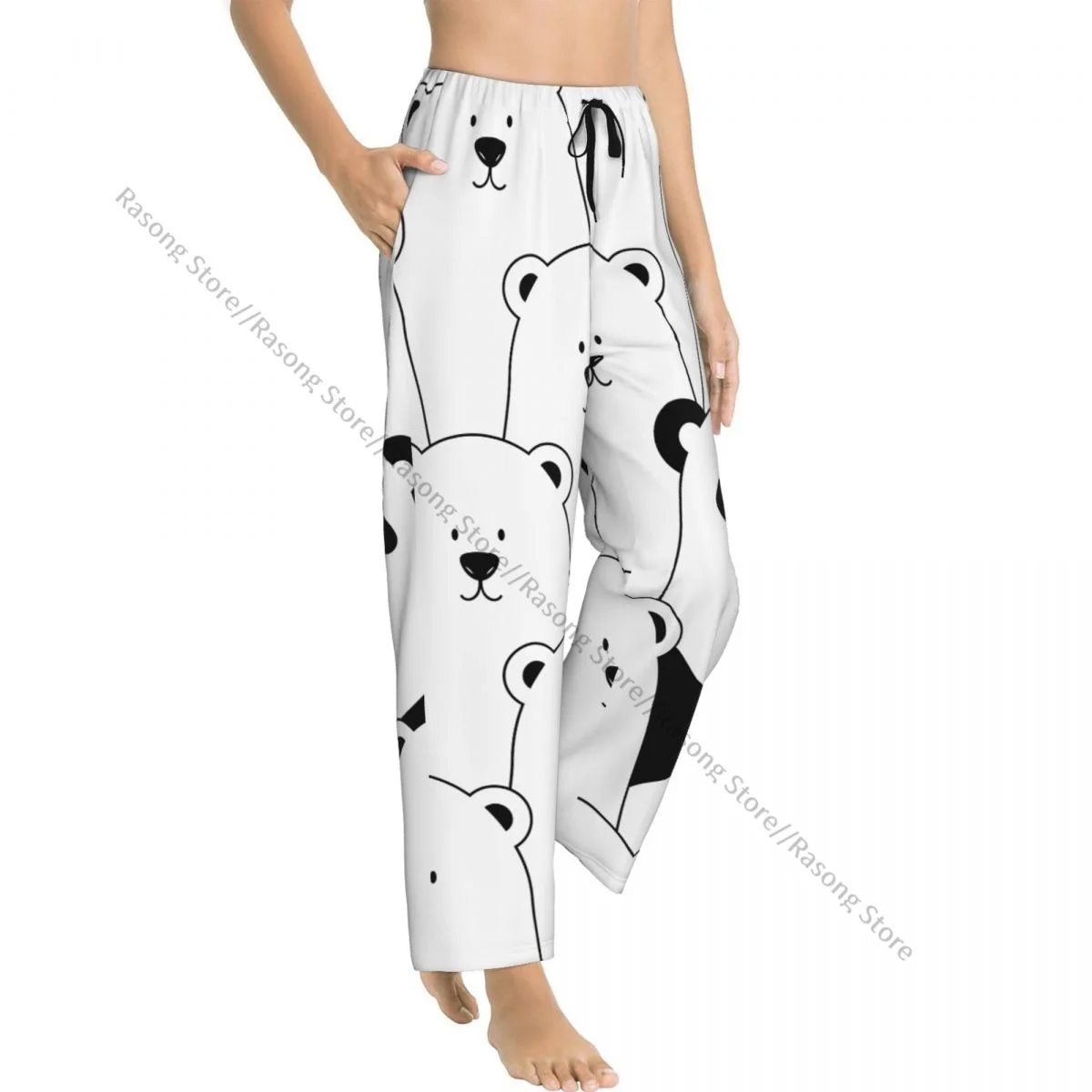 Funny White Polar Bears And Panda Flannel Pajama Pants for Women Soft Warm Sleep Pants with Elastic Waistband