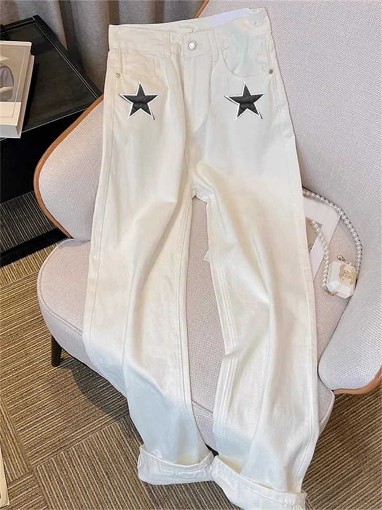 Faionable luxo cintura alta perna reta jeans ex verão high-end solto idade-defng casual calças de perna larga