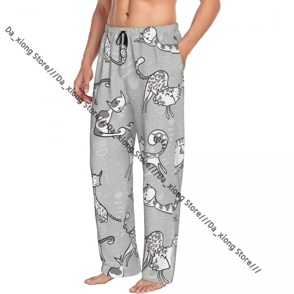 

Men's Sleepwear Loose Sleep Pants Pajamas Cats Posing Over Floral Feline Kitten Kitty Print Long Lounge Bottoms Casual Homewear