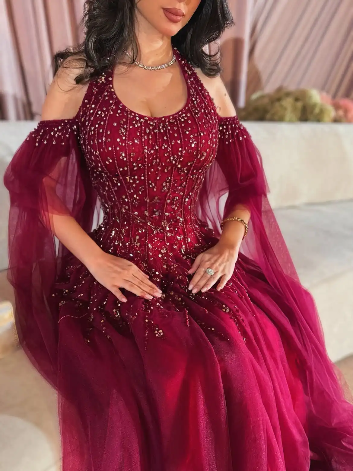 2026 Custom Allover Crystal Beaded A Line Gown Off Shoulder Burgundy Soft Sheer Flowing Chiffon Sleeves Luxury Red Carpet Dress