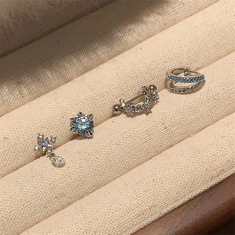 Y2K Shiny Blue Zircon Cross Stainless Ateel Ear Bone Nail for Women 2025 New Fashion Small Earrings Cochlea Accessories
